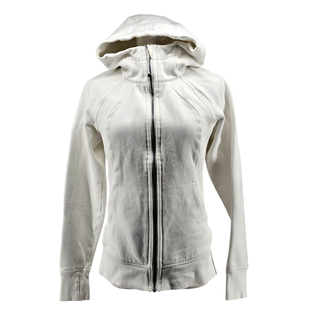 Lululemon Hoodie Womens 6 White Full Zip Fleece Hooded Pockets Slim Logo